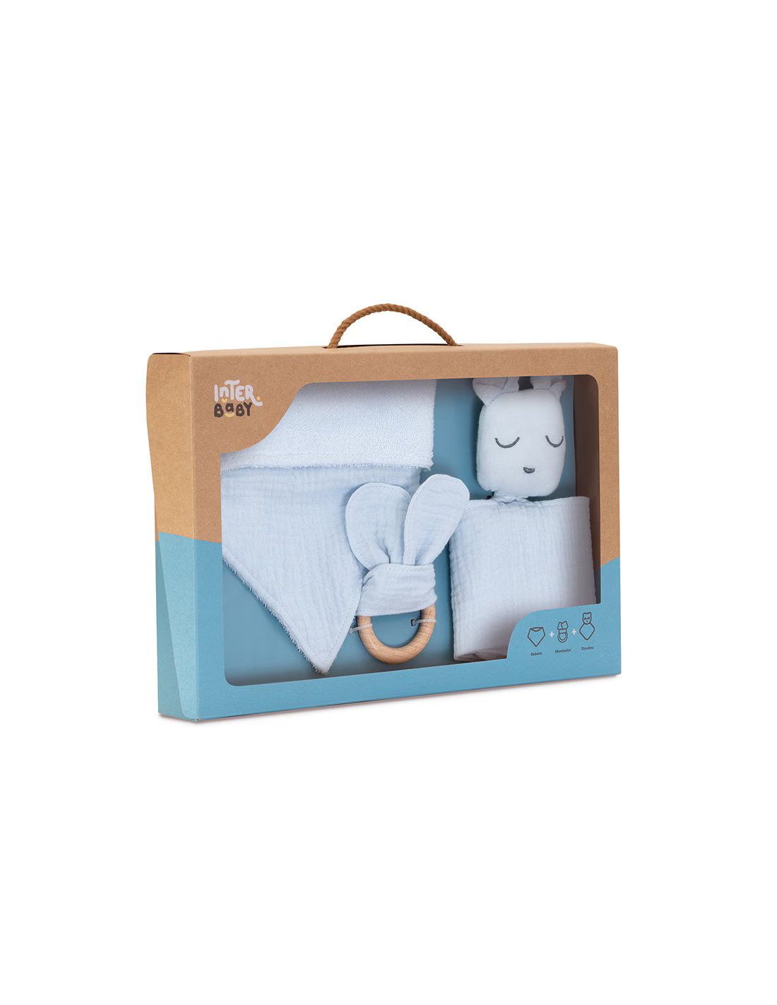 Set med snuttefilt, bandana och bitring i muslin från Interbaby
