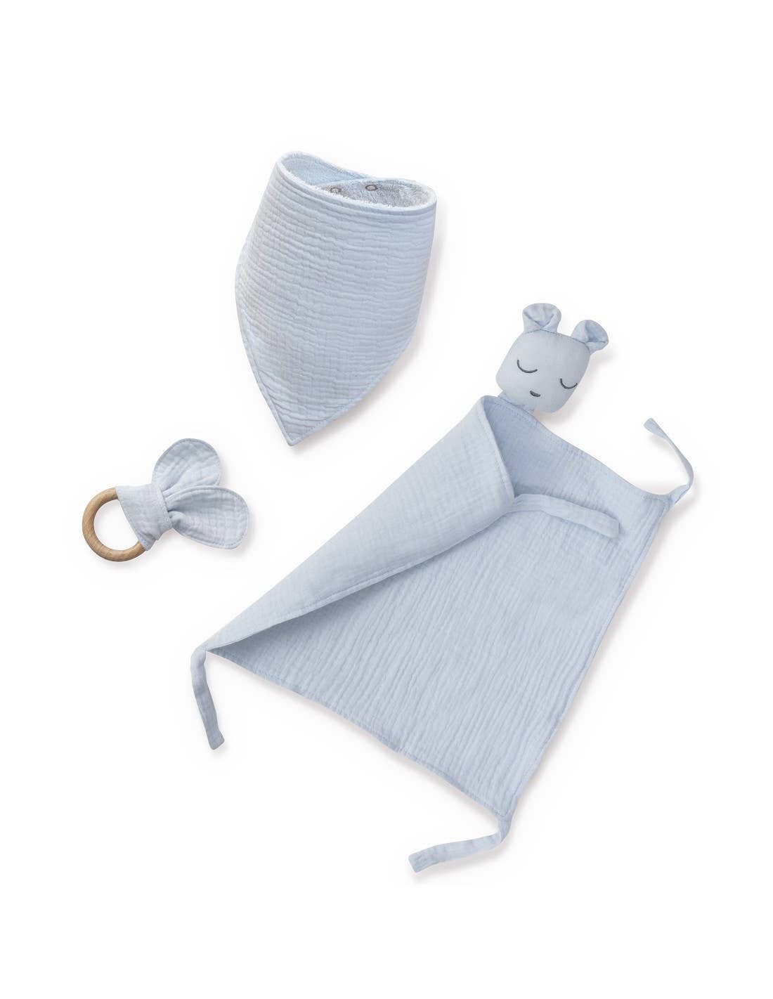 Set med snuttefilt, bandana och bitring i muslin från Interbaby
